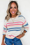 Khaki Striped Eyelet Pattern Drop Shoulder Sweater