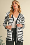 Black Striped Pocketed Button Long Cardigan