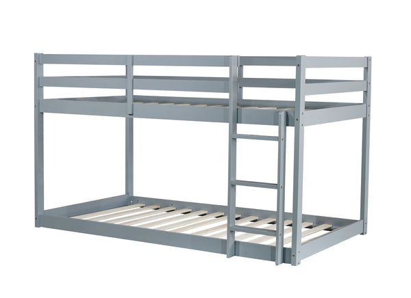 Solid Wooden , Solid Rubber Wooden Twin over Twin Floor Bunk Bed with Ladder ,Upper and Bottom Bed Platforms crafted with Strengthened Slats ,Grey