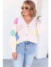 Beige Cute Flower V Neck Buttoned Plus Size Cardigan