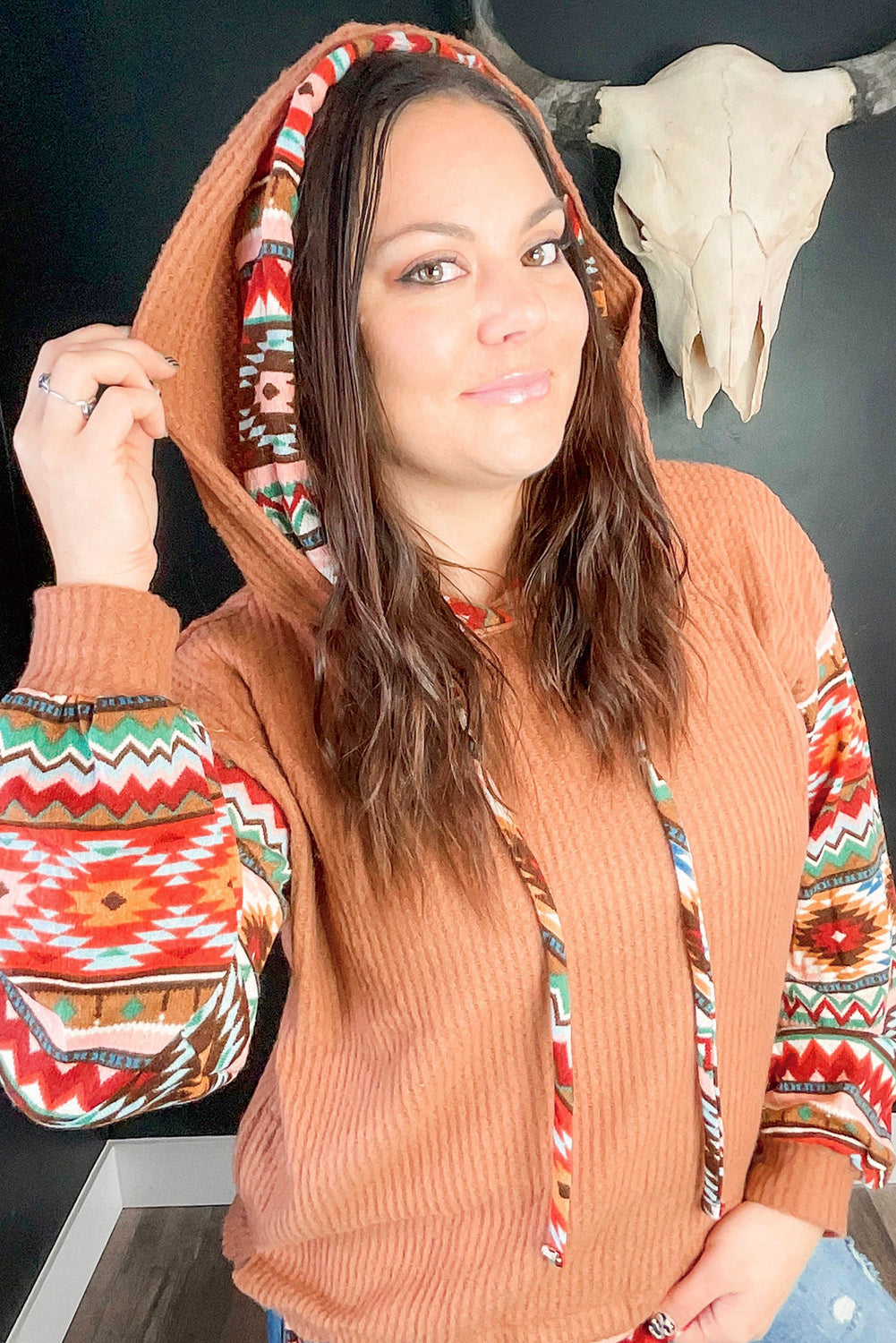 Khaki Geometric Patchwork Waffle Knit Plus Size Hoodie