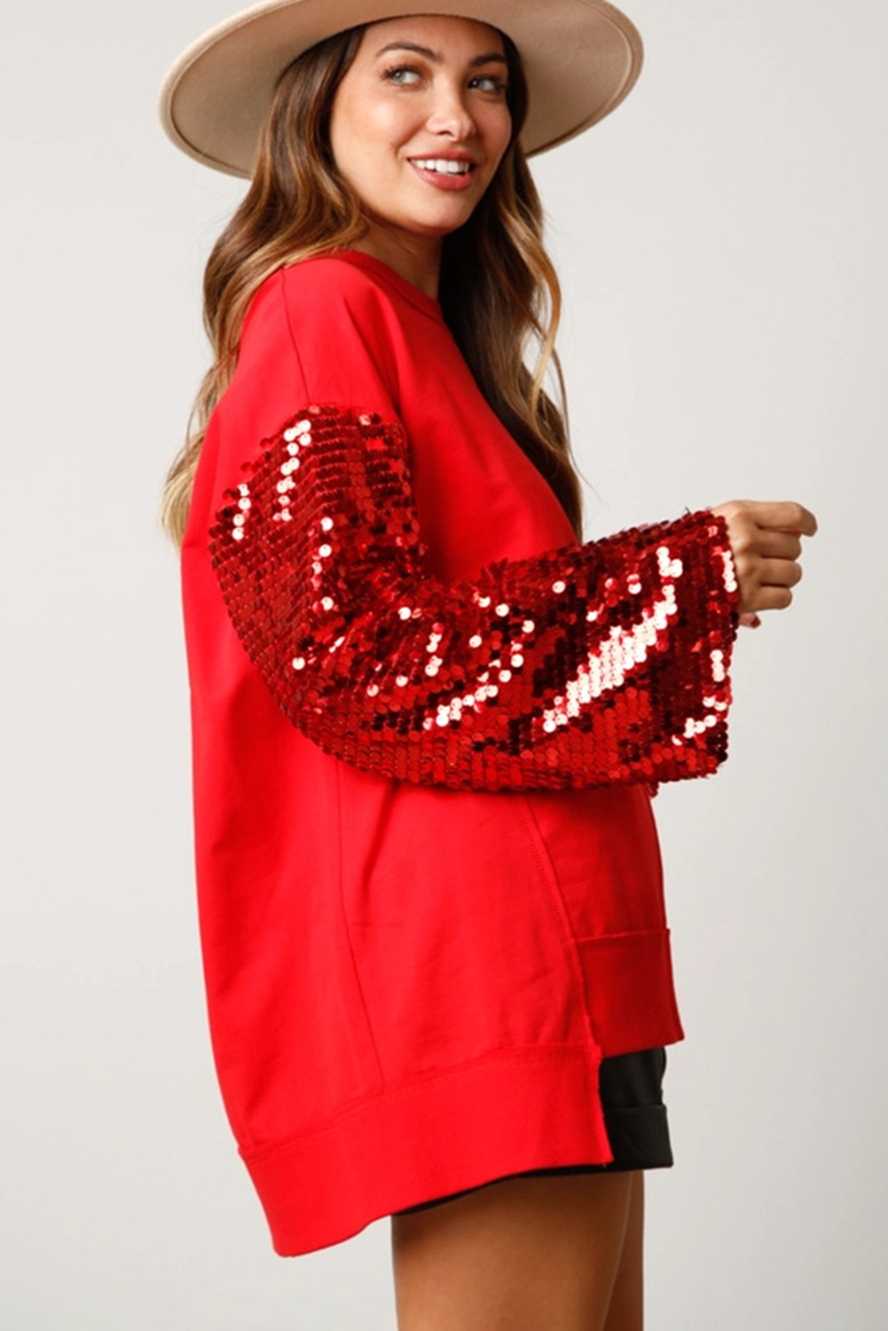 Fiery Red Christmas Sequin Lantern Sleeve Sweatshirt