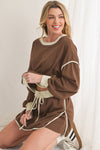 Coffee Contrast Trim Loose Pullover and Lace-up Waist Skort Set