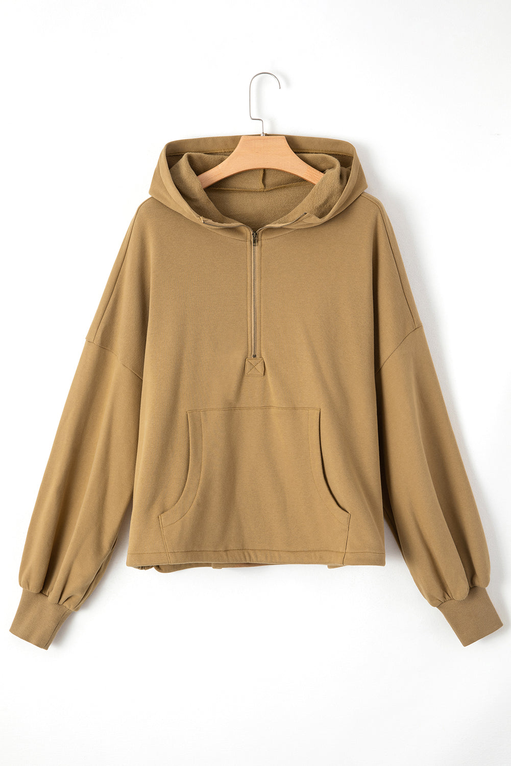 Smoke Green Half Zipper Kangaroo Pockets Drop Shoulder Hoodie