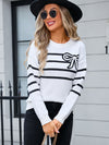 Angel Wings Striped Round Neck Long Sleeve Sweater - Cocoa Yacht Club