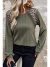 Moss Green Leopard Print Patchwork Crochet Rib Textured Top