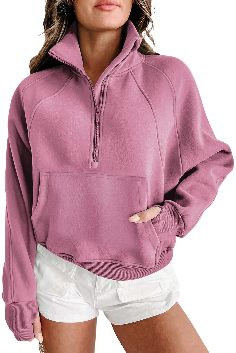 Parchment Quarter Zip Stand Neck Kangaroo Pocket Sweatshirt