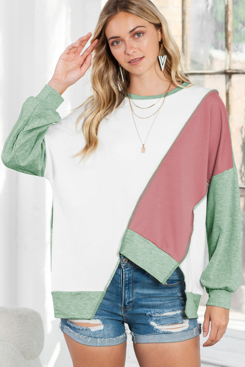 Khaki Colorblock Stitching Irregular Hem Long Sleeve Top