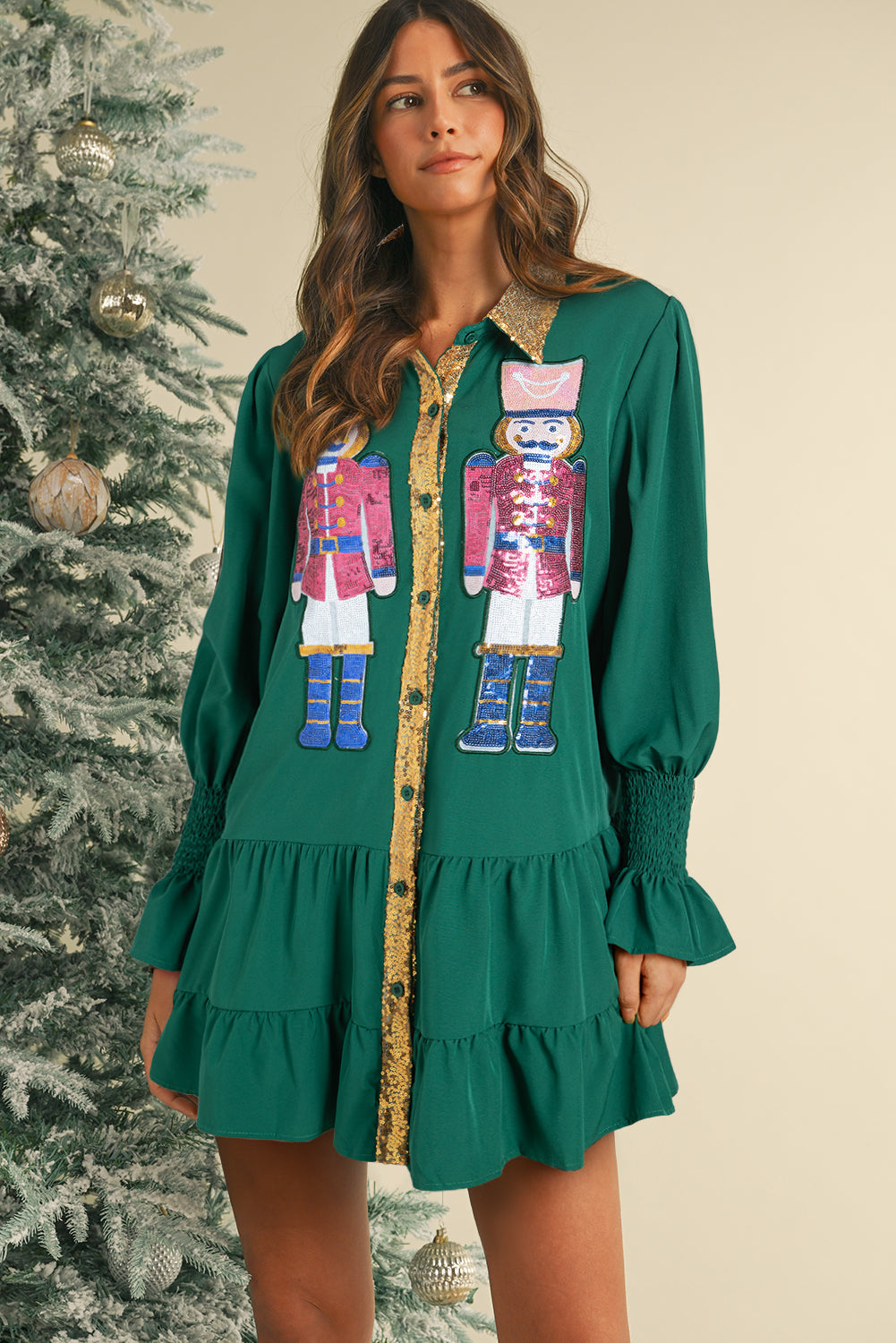 Evergreen Nutcracker Sequin Button-Down Short Dress