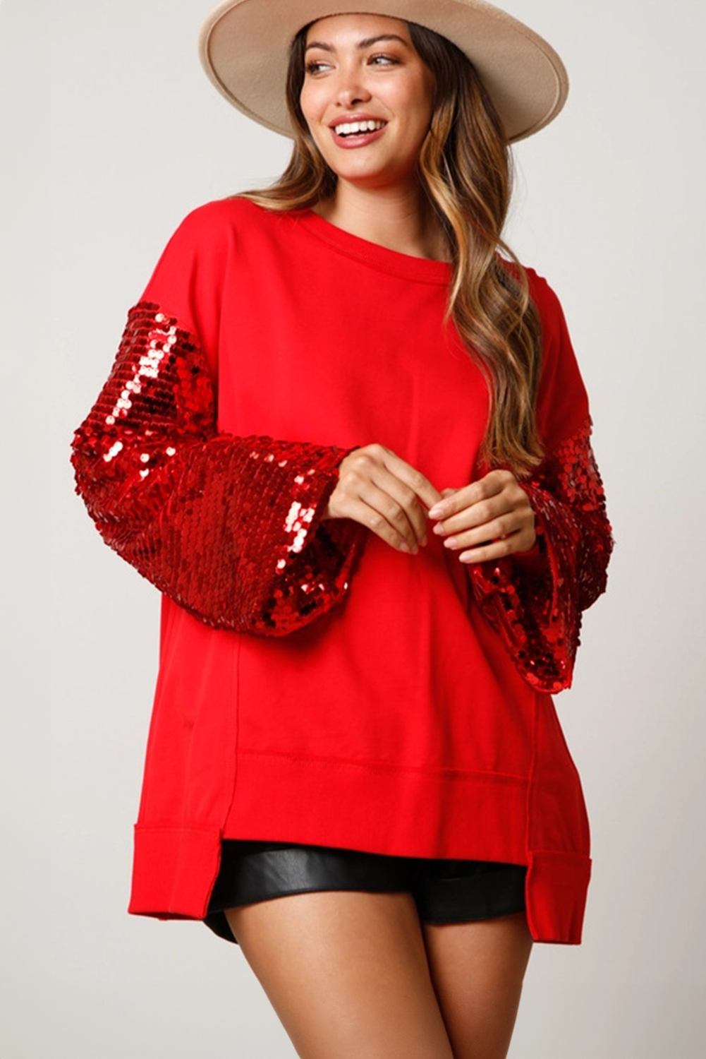 Fiery Red Christmas Sequin Lantern Sleeve Sweatshirt