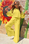 Bright Green Drop Shoulder Crop Pullover Drawstring Wide Leg Pants Set