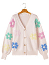 Beige Cute Flower V Neck Buttoned Plus Size Cardigan