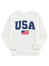 White USA Flag Print Ribbed Drop Shoulder Sweatshirt