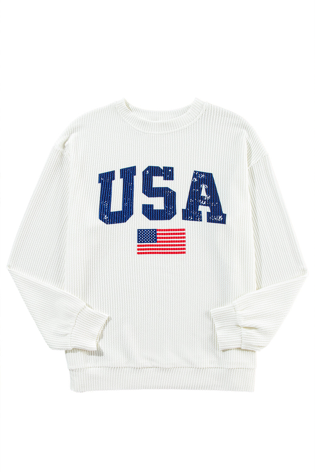 White USA Flag Print Ribbed Drop Shoulder Sweatshirt