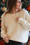 White Round Neck Lace Trim Bow Back Knit Sweater
