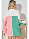 Rose Red Colorblock Patchwork Ribbed Oversized Henley Sweatshirt