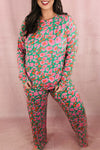 Black Plus Size Floral Printed Long Sleeve and Pants Loungewear Set