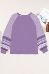 Brown Contrast Print Striped Raglan Long Sleeve Loose Top