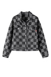 Black Checkered Patchwork Button Up Denim Jacket