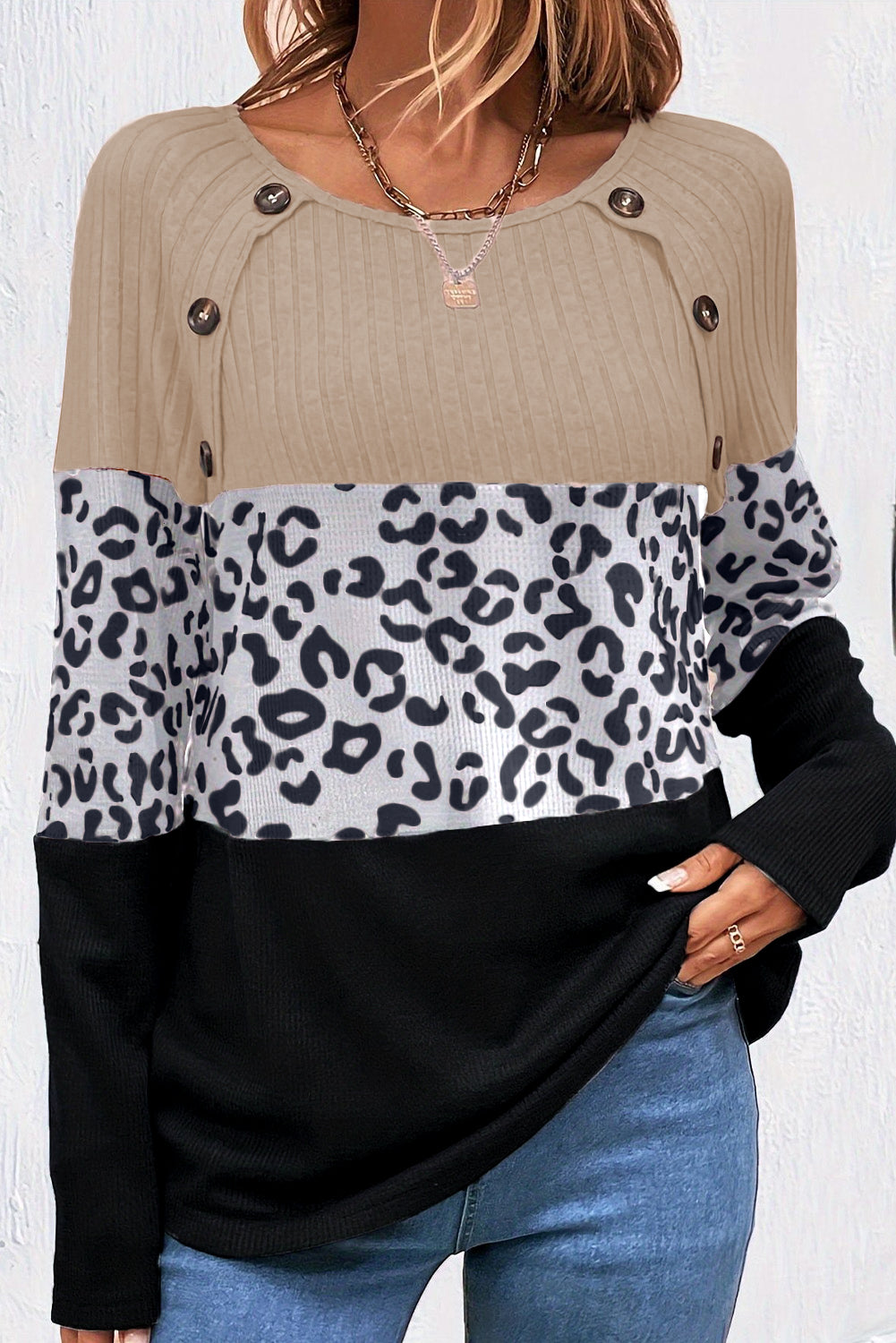 Pink Leopard Textured Patchwork Button Decor Round Neck Top