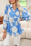 Sky Blue Floral Print V-Neck Scallop Detail Long Sleeve Blouse