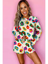 Apricot Abstract Flower Print Long Sleeve Top and Shorts Set