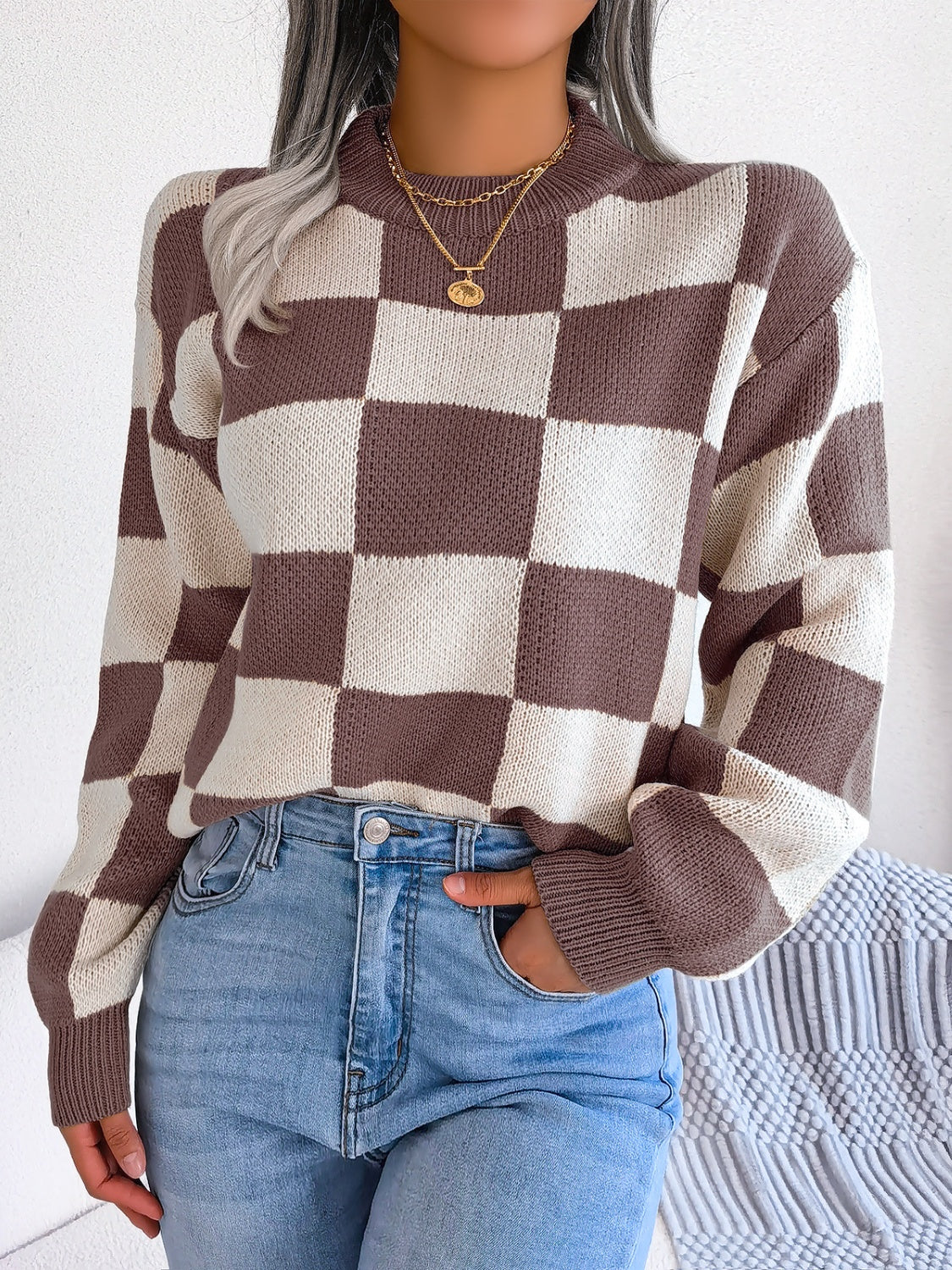 Checkered Mock Neck Long Sleeve Sweater