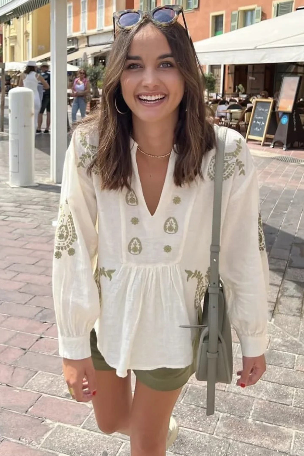 White Boho V Neck Floral Loose Blouse