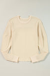 Beige Thermal Knit Patchwork Exposed Seam Long Sleeve Top