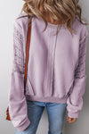 Sweatshirts & Hoodies Orchid Petal Crochet Patchwork Exposed Seam Ribbed Trim Sweatshirt.