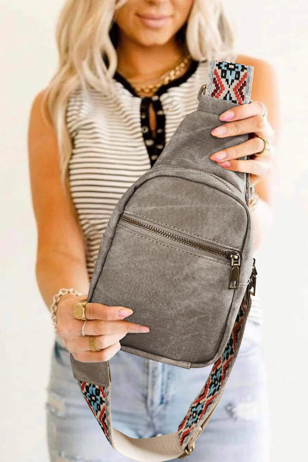 Dark Grey Geometric Print Strap Multi Pocket Crossbody Bag