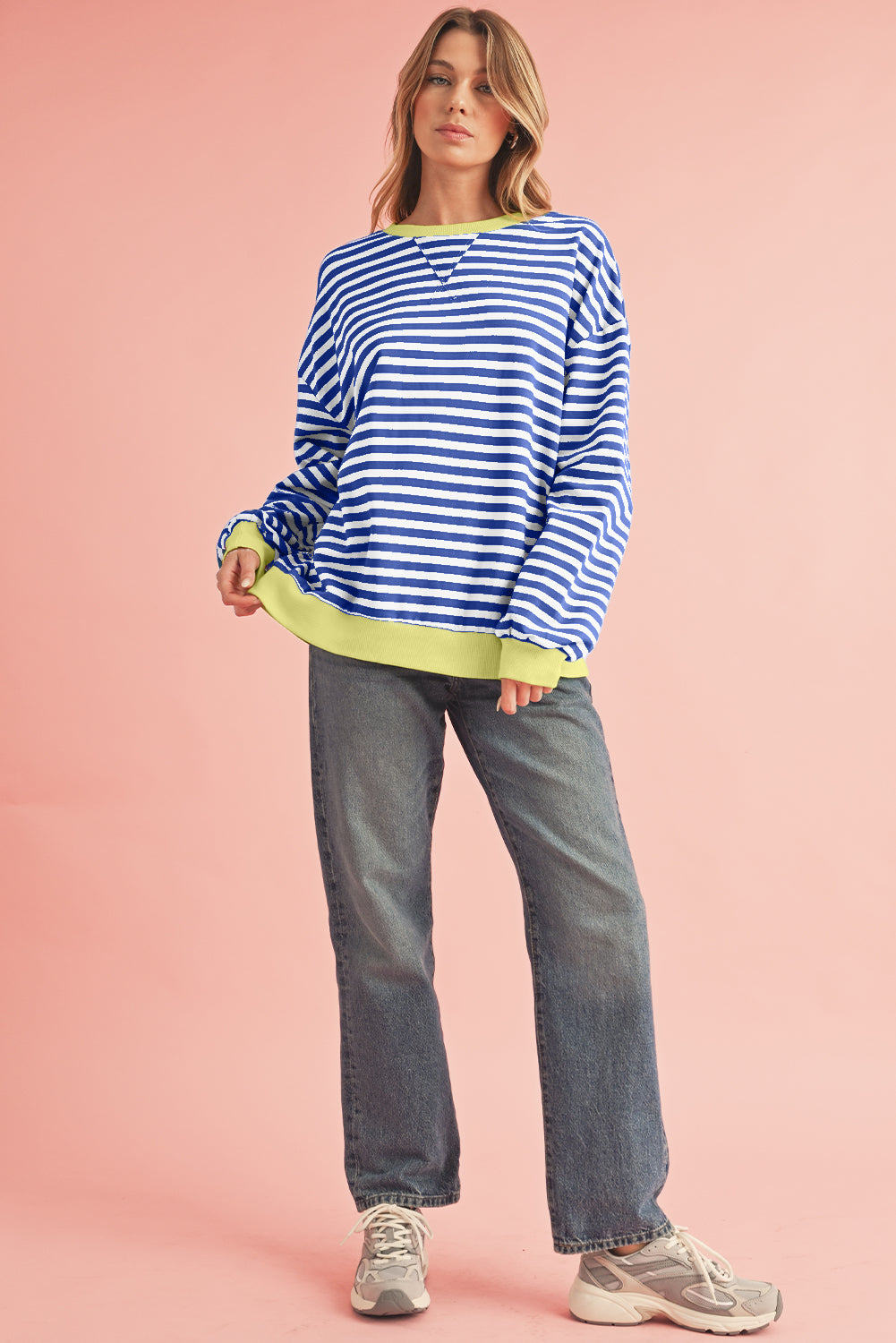 Blue Stripe Contrast Edge Cross Seam Oversized Pullover