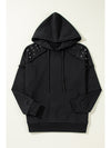 Black Stud Detail Kangaroo Pocket Drawstring Hoodie