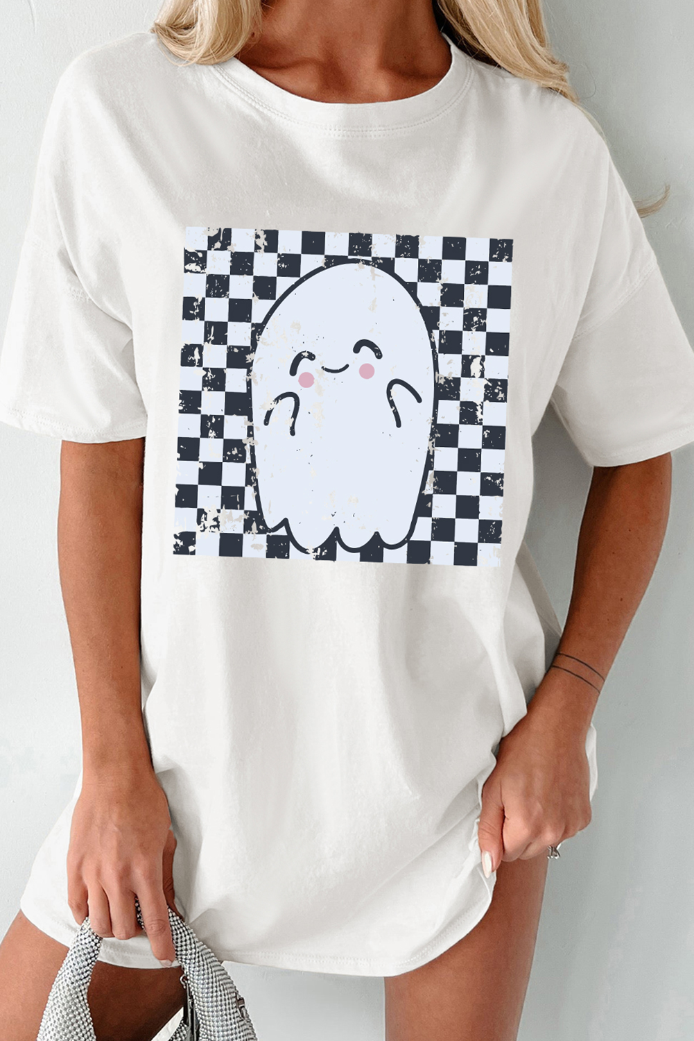 White Checkered Ghost Print Crew Neck Oversized T Shirt