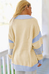 Sky Blue Striped V Neck Collared Colorblock Patchwork Sweater