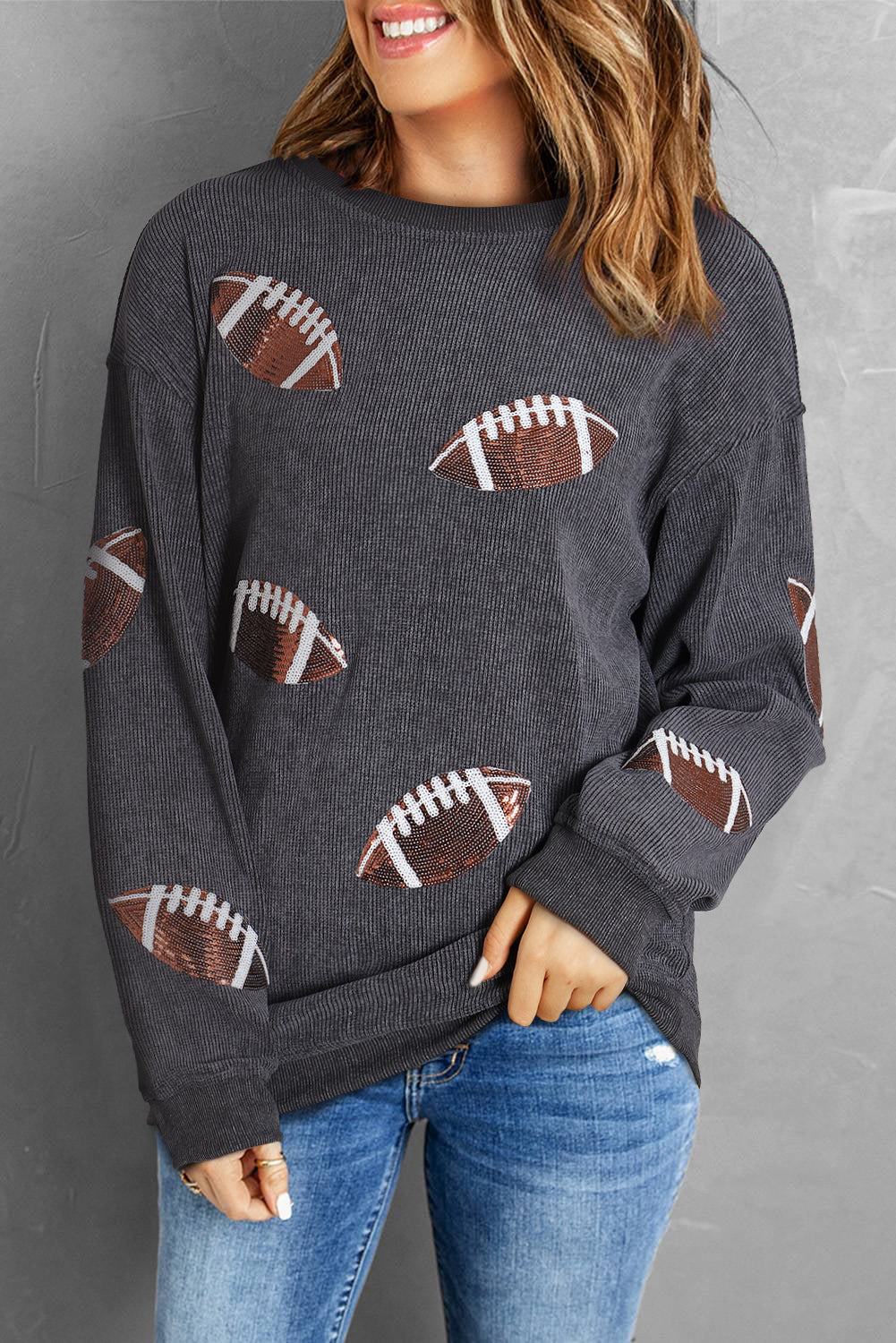 Green Sequin Rugby Graphic Corded Baggy Sweatshirt