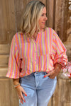 Pink Striped Crinkled Buttons V Neck Plus Size Blouse