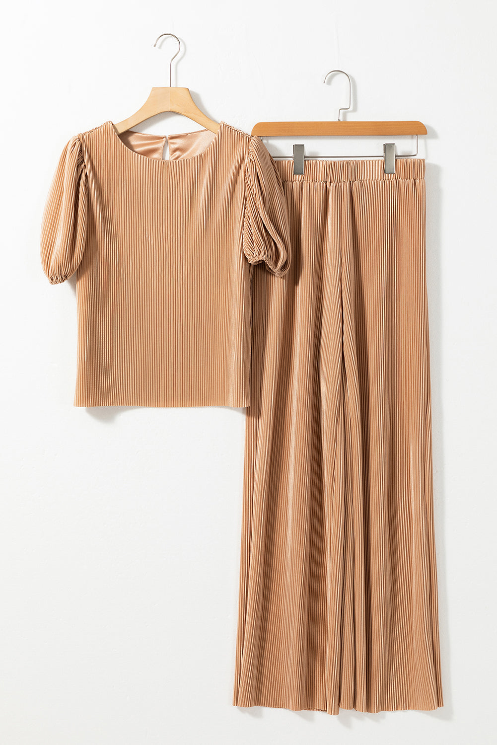 Clay Ribbed Short Puff Sleeve Top and Wide Leg Pants Set