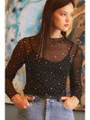 Black Rhinestone Mesh Mock Neck Top