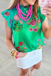 Green Floral Print Flutter Sleeve Frill Neck Blouse