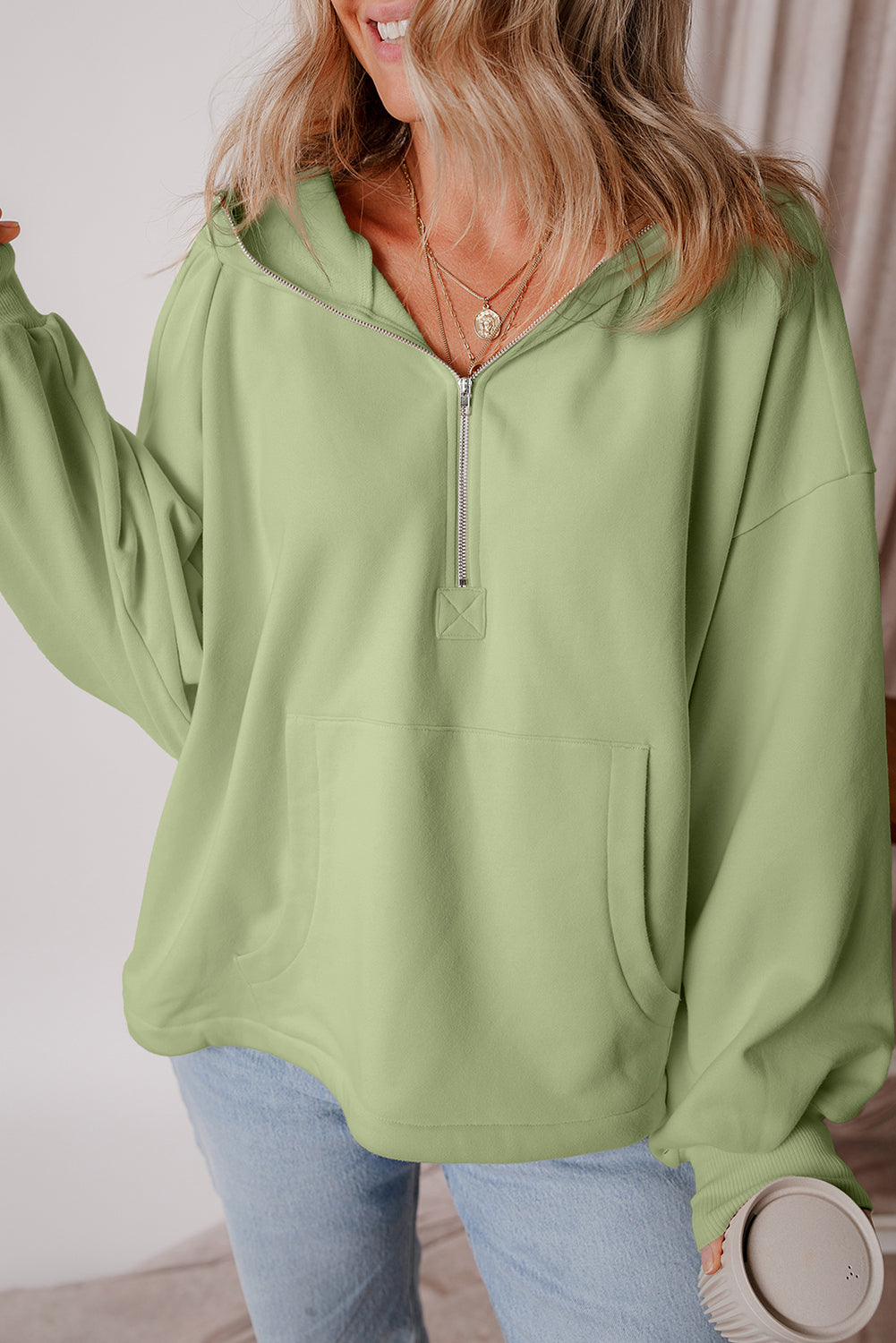 Smoke Green Half Zipper Kangaroo Pockets Drop Shoulder Hoodie