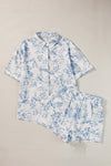 Sky Blue Tropical Print Button-Up Shirt & Shorts Lounge Set