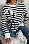Black White Ribbed Striped Floral Applique Long Sleeve Top