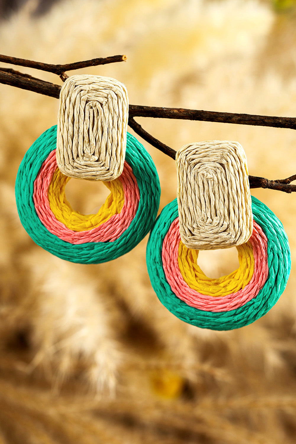 Green Colorblock Boho Woven Hoop Earrings