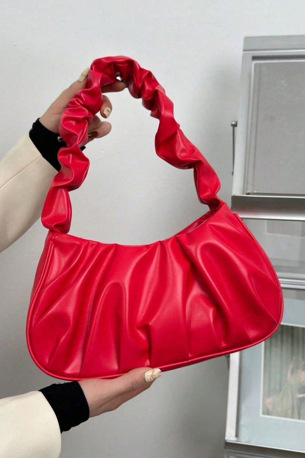 Fiery Red Ruched Faux Leather Shoulder Bag