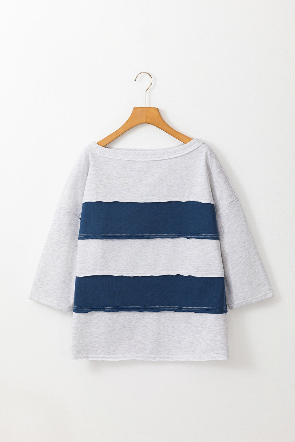 Sail Blue Striped Patchwork 3/4 Sleeves Raw Edge Sweatshirt