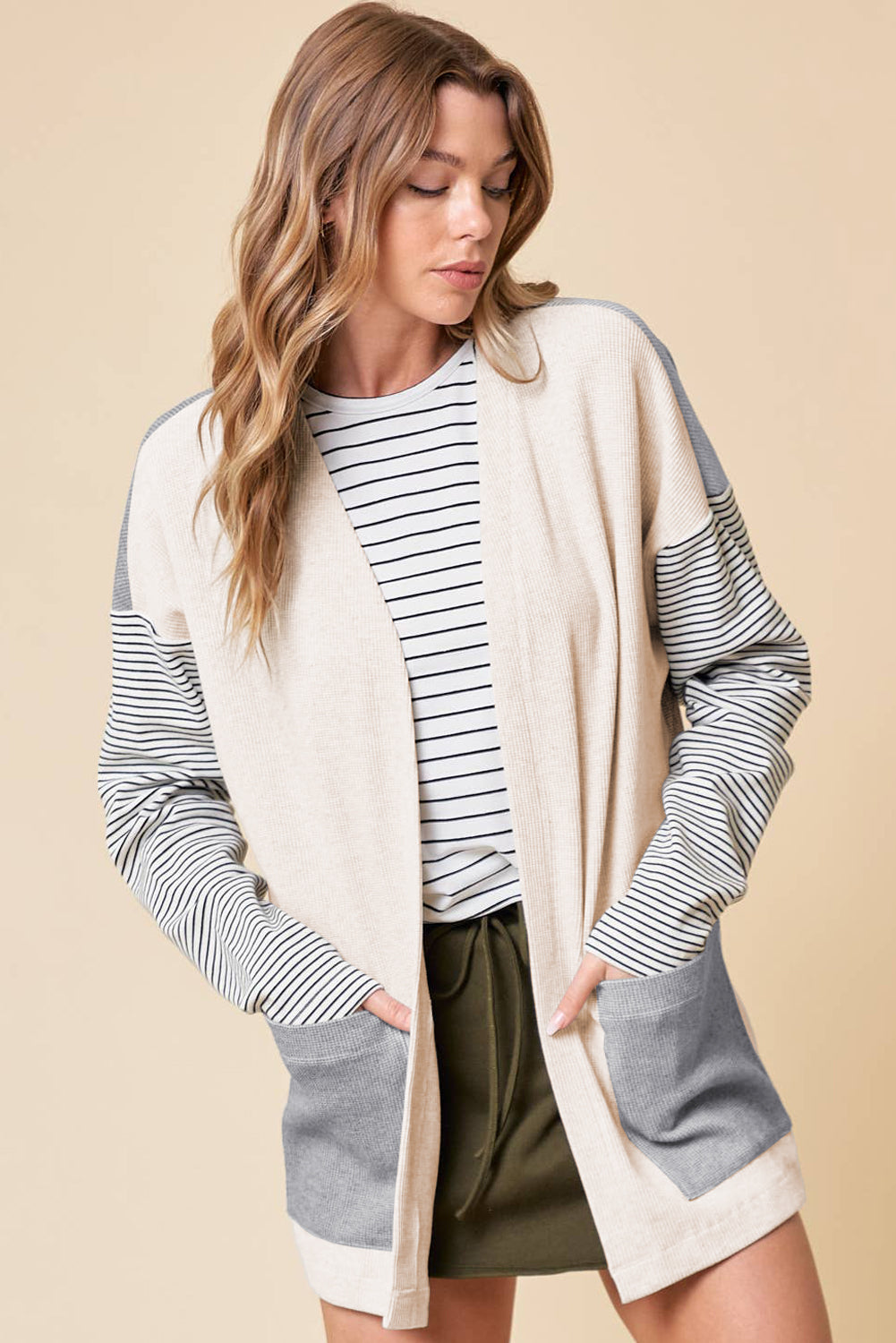 Black Striped Patchwork Pocket Open Front Cardigan