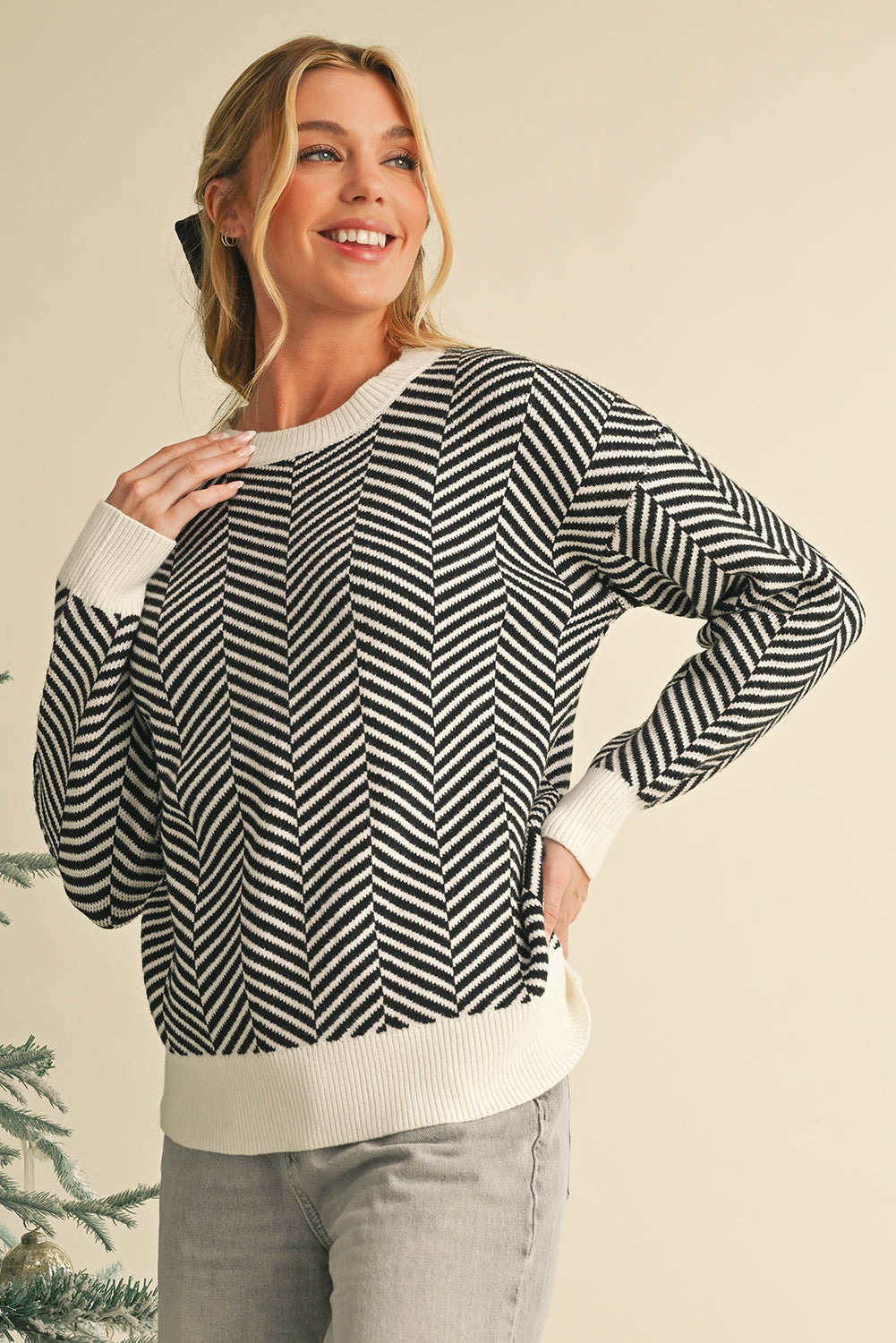 Coffee Stripe Contrast Edge Crew Neck Drop Shoulder Sweater