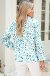 Sky Blue Boho Floral Print Long Sleeve V Neck Blouse