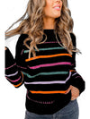 Black Colorful Striped Ribbed Trim Round Neck Sweater